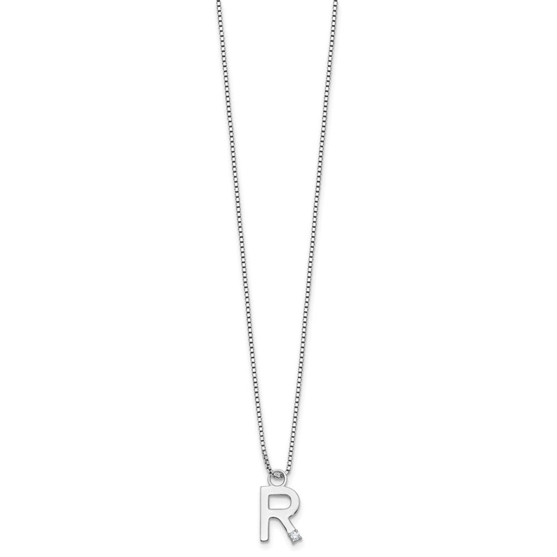 Sterling Silver Rhodium Plated White Ice .03 Diamond Initial R w/2in Ext. Necklace