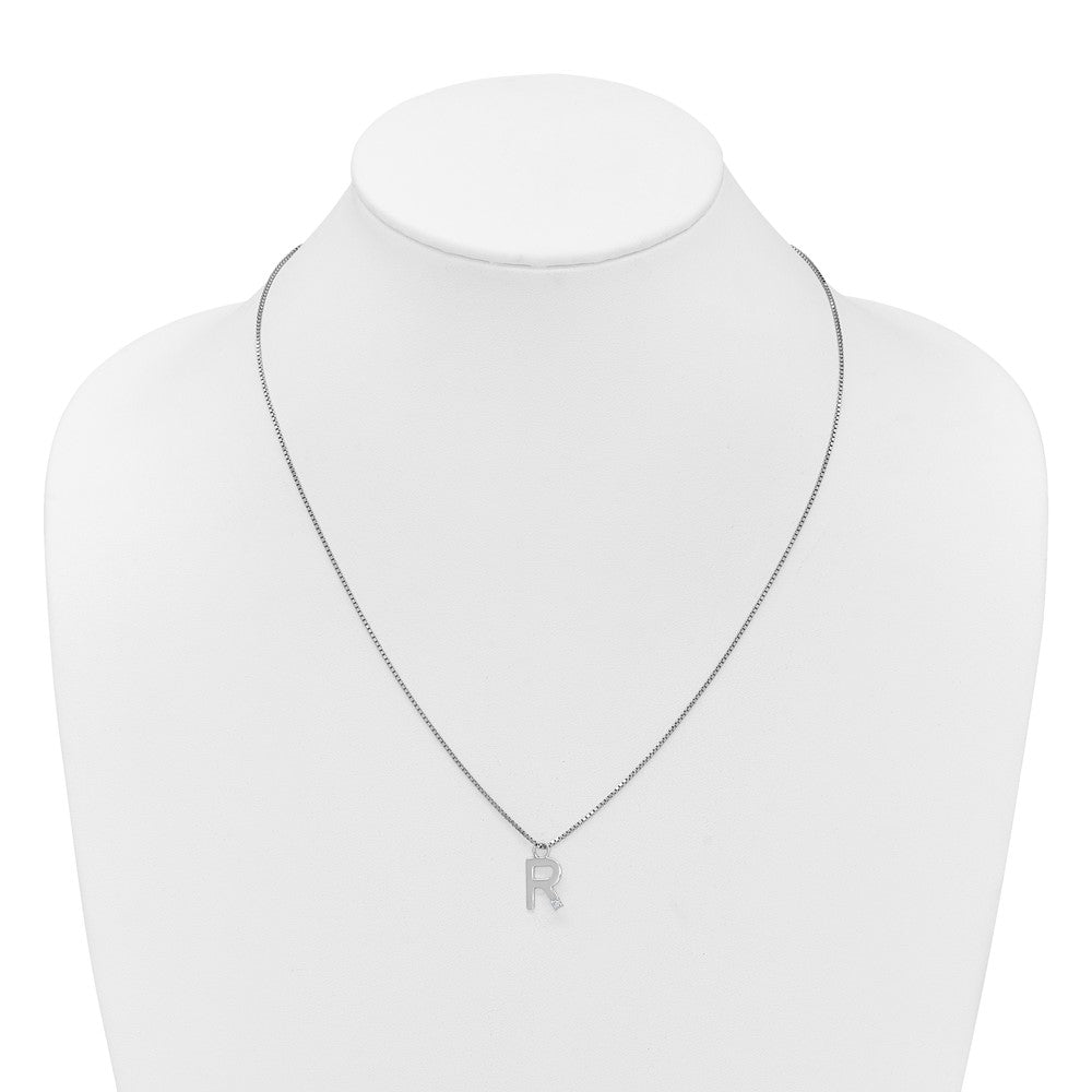 Sterling Silver Rhodium Plated White Ice .03 Diamond Initial R w/2in Ext. Necklace