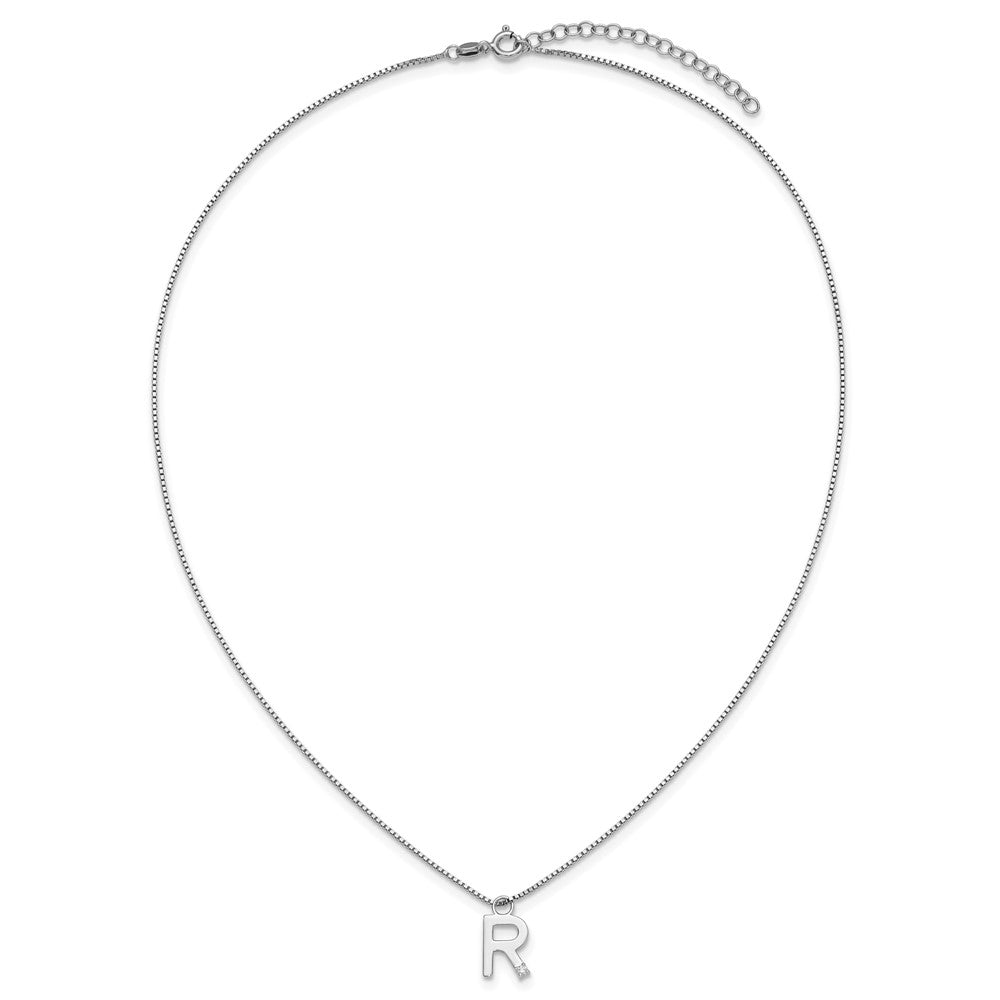 Sterling Silver Rhodium Plated White Ice .03 Diamond Initial R w/2in Ext. Necklace