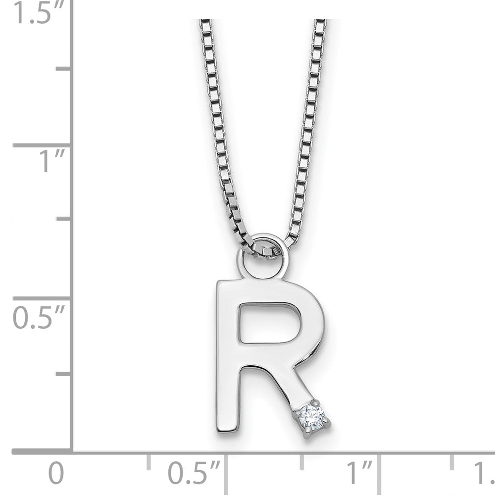 Sterling Silver Rhodium Plated White Ice .03 Diamond Initial R w/2in Ext. Necklace