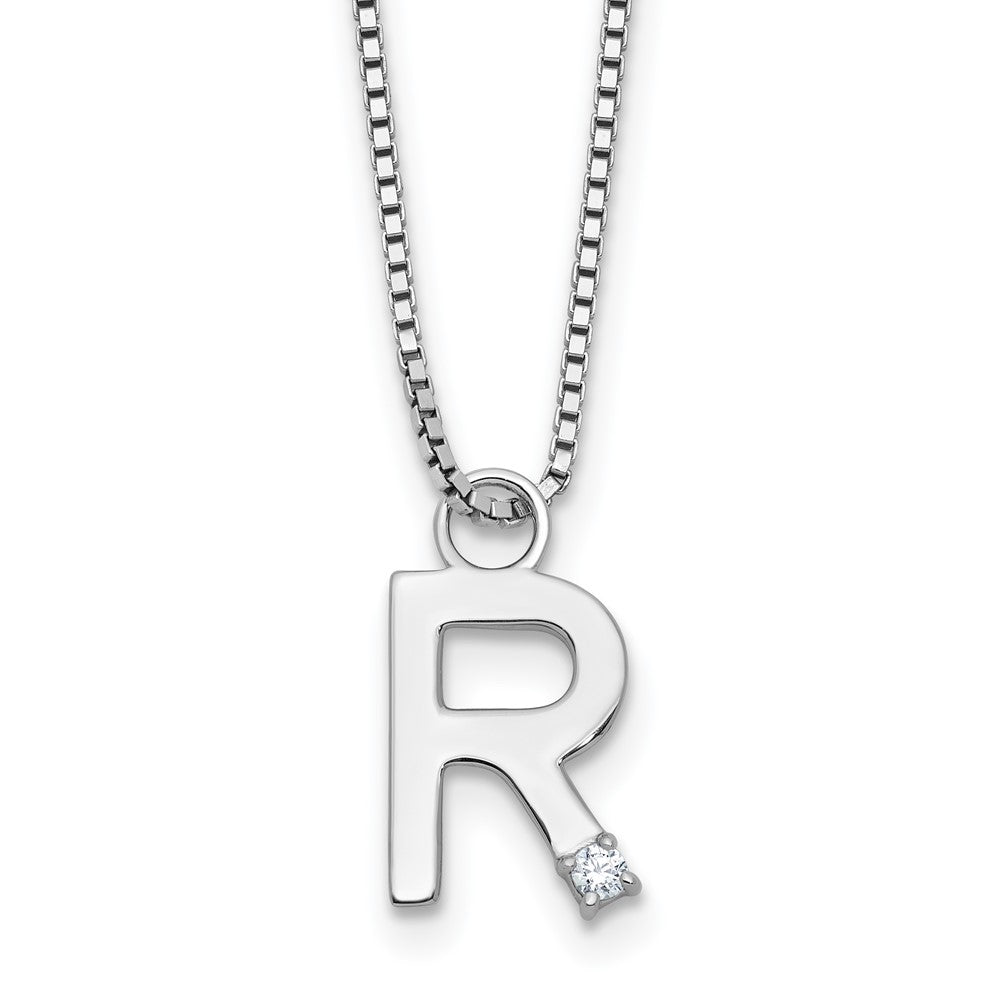 Sterling Silver Rhodium Plated White Ice .03 Diamond Initial R w/2in Ext. Necklace