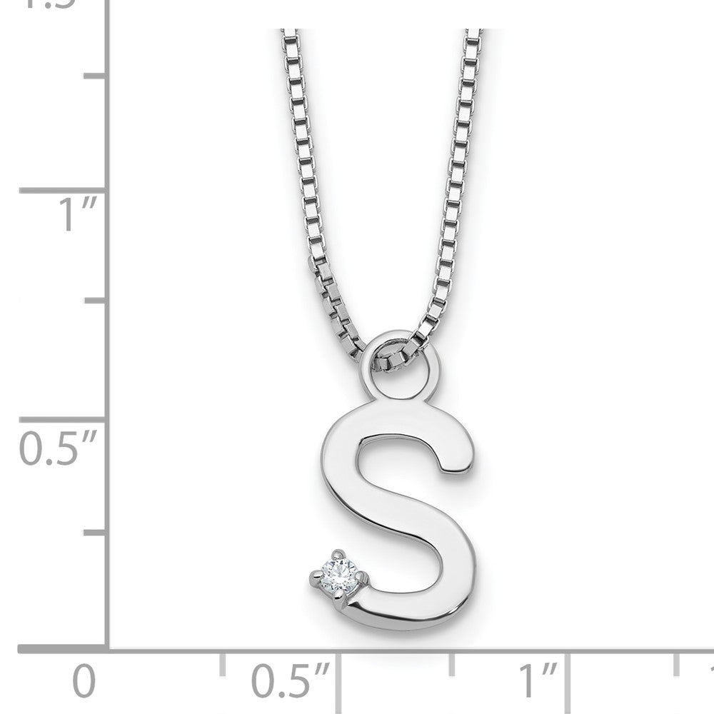 Sterling Silver Rhodium Plated White Ice .03 Diamond Initial S w/2in Ext. Necklace