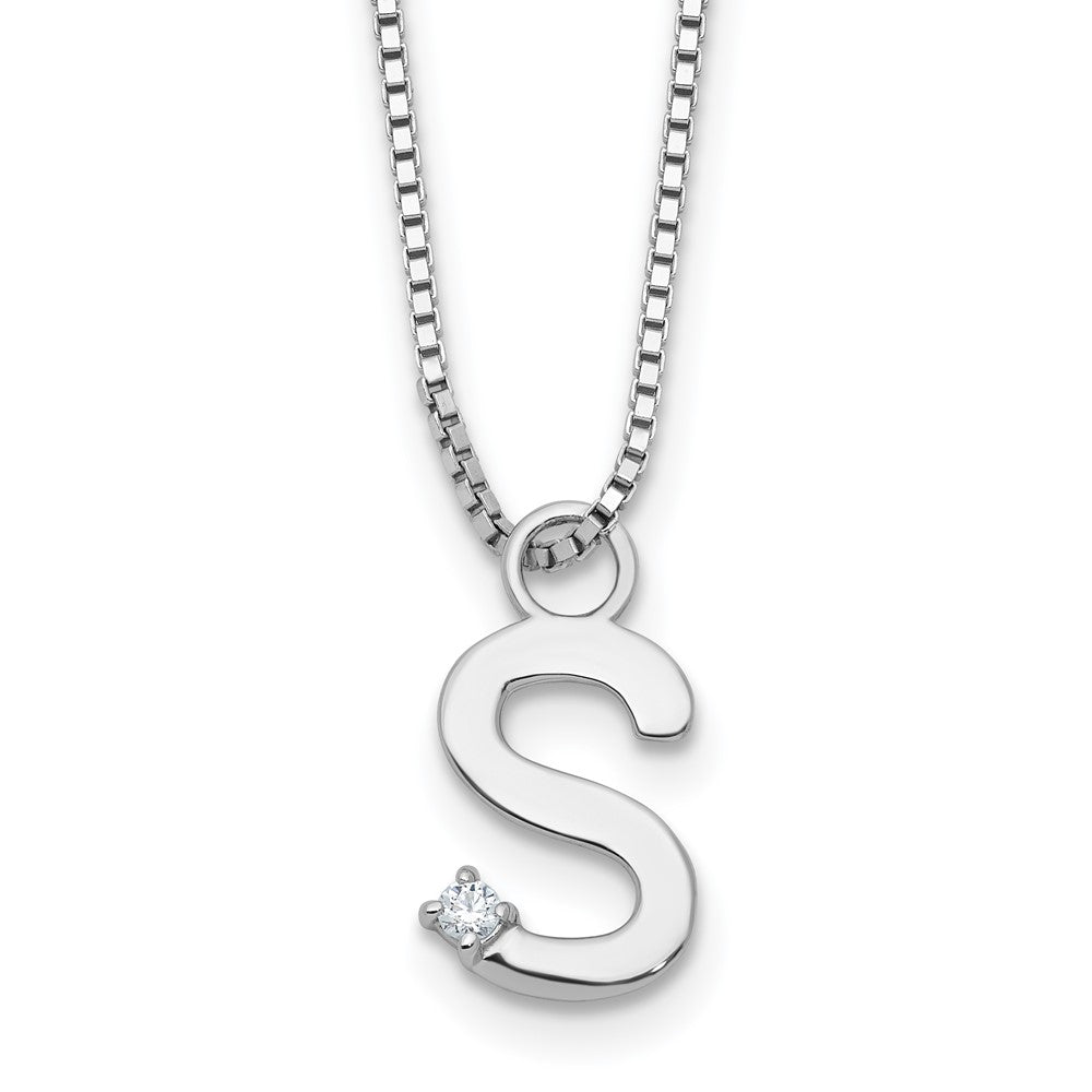 Sterling Silver Rhodium Plated White Ice .03 Diamond Initial S w/2in Ext. Necklace
