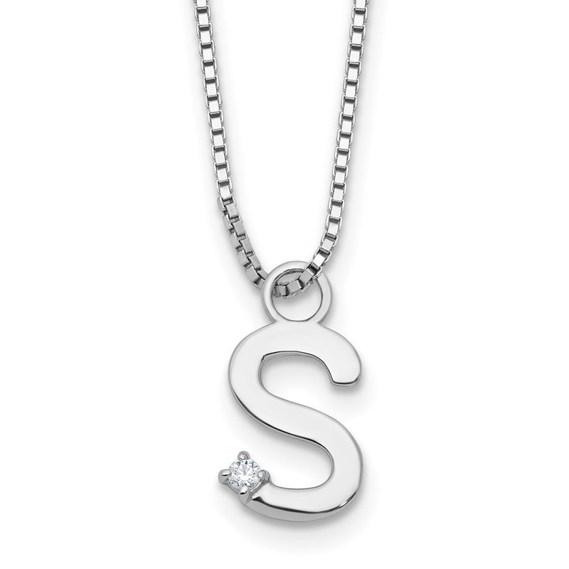 Sterling Silver Rhodium Plated White Ice .03 Diamond Initial S w/2in Ext. Necklace