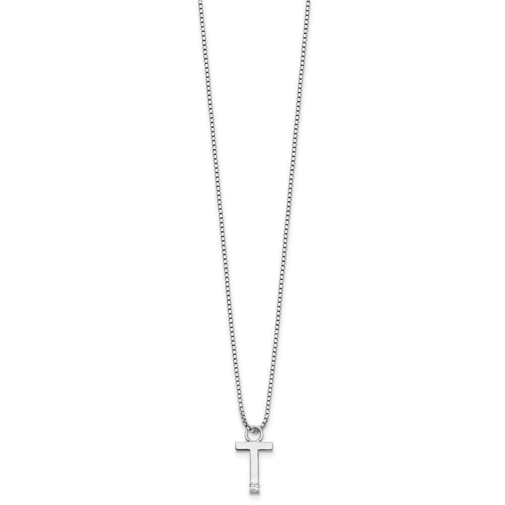 Sterling Silver Rhodium Plated White Ice .03 Diamond Initial T w/2in Ext. Necklace