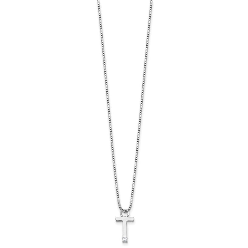 Sterling Silver Rhodium Plated White Ice .03 Diamond Initial T w/2in Ext. Necklace