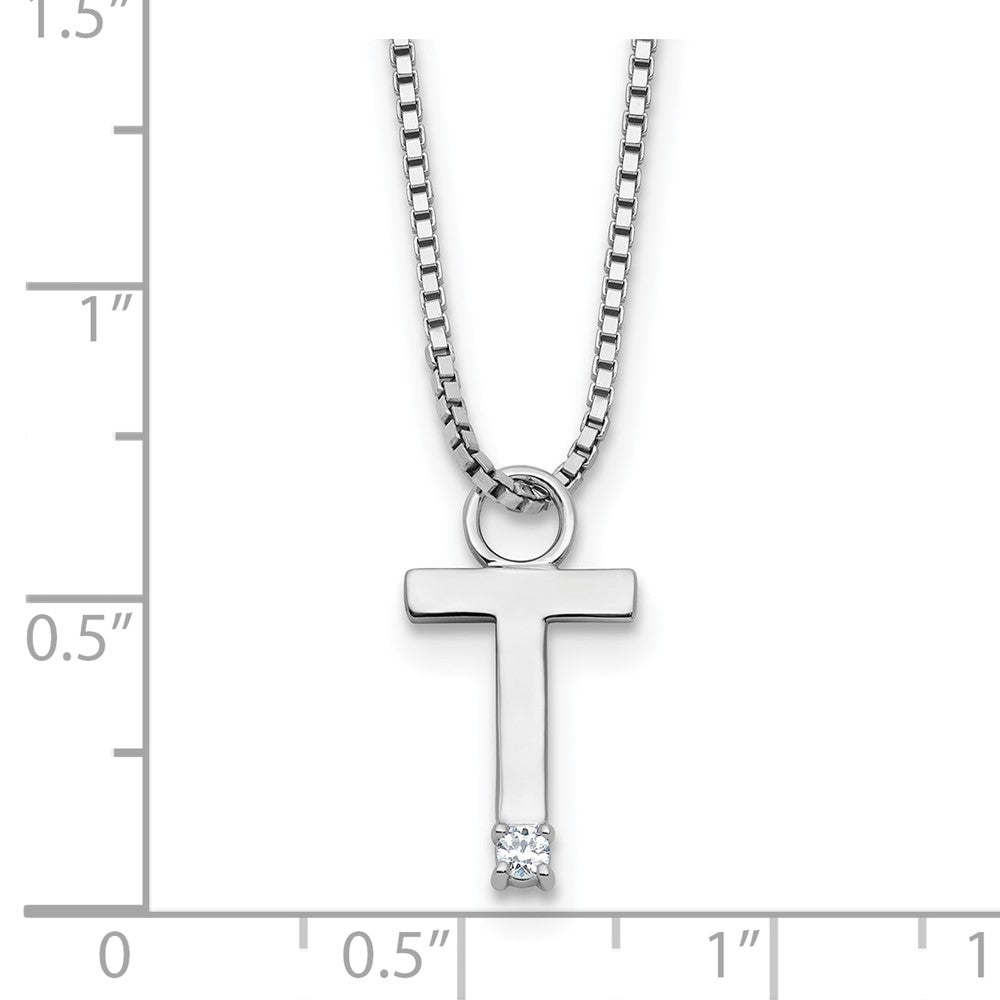 Sterling Silver Rhodium Plated White Ice .03 Diamond Initial T w/2in Ext. Necklace