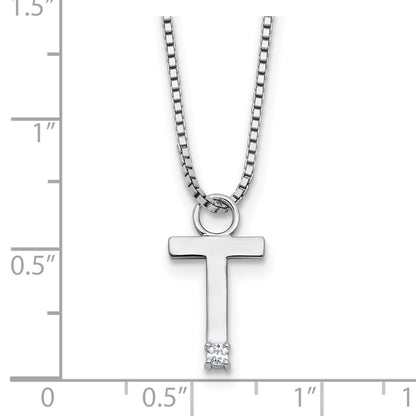 Sterling Silver Rhodium Plated White Ice .03 Diamond Initial T w/2in Ext. Necklace