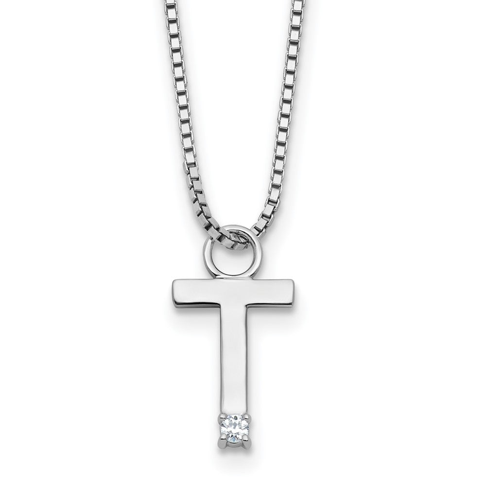 Sterling Silver Rhodium Plated White Ice .03 Diamond Initial T w/2in Ext. Necklace