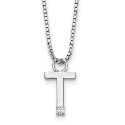 Sterling Silver Rhodium Plated White Ice .03 Diamond Initial T w/2in Ext. Necklace