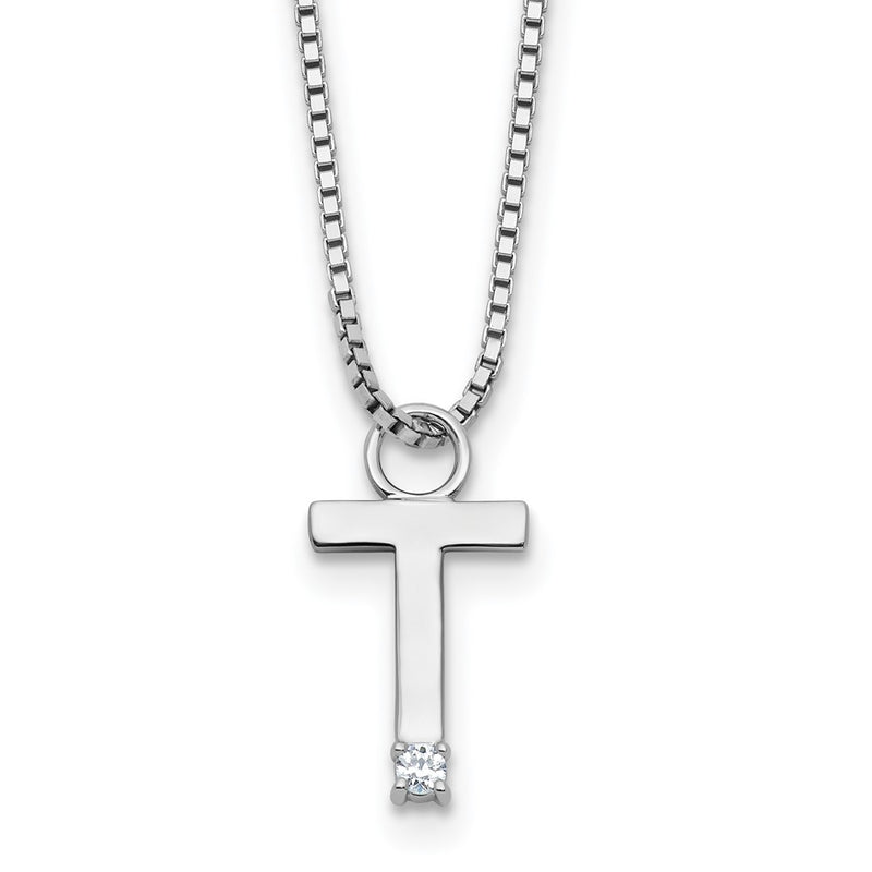 Sterling Silver Rhodium Plated White Ice .03 Diamond Initial T w/2in Ext. Necklace