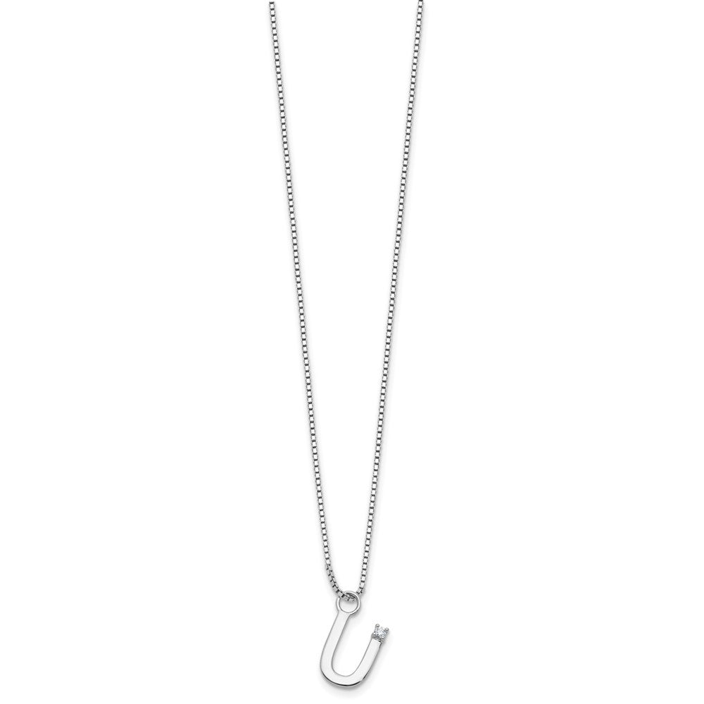 Sterling Silver Rhodium Plated White Ice .03 Diamond Initial U w/2in Ext. Necklace