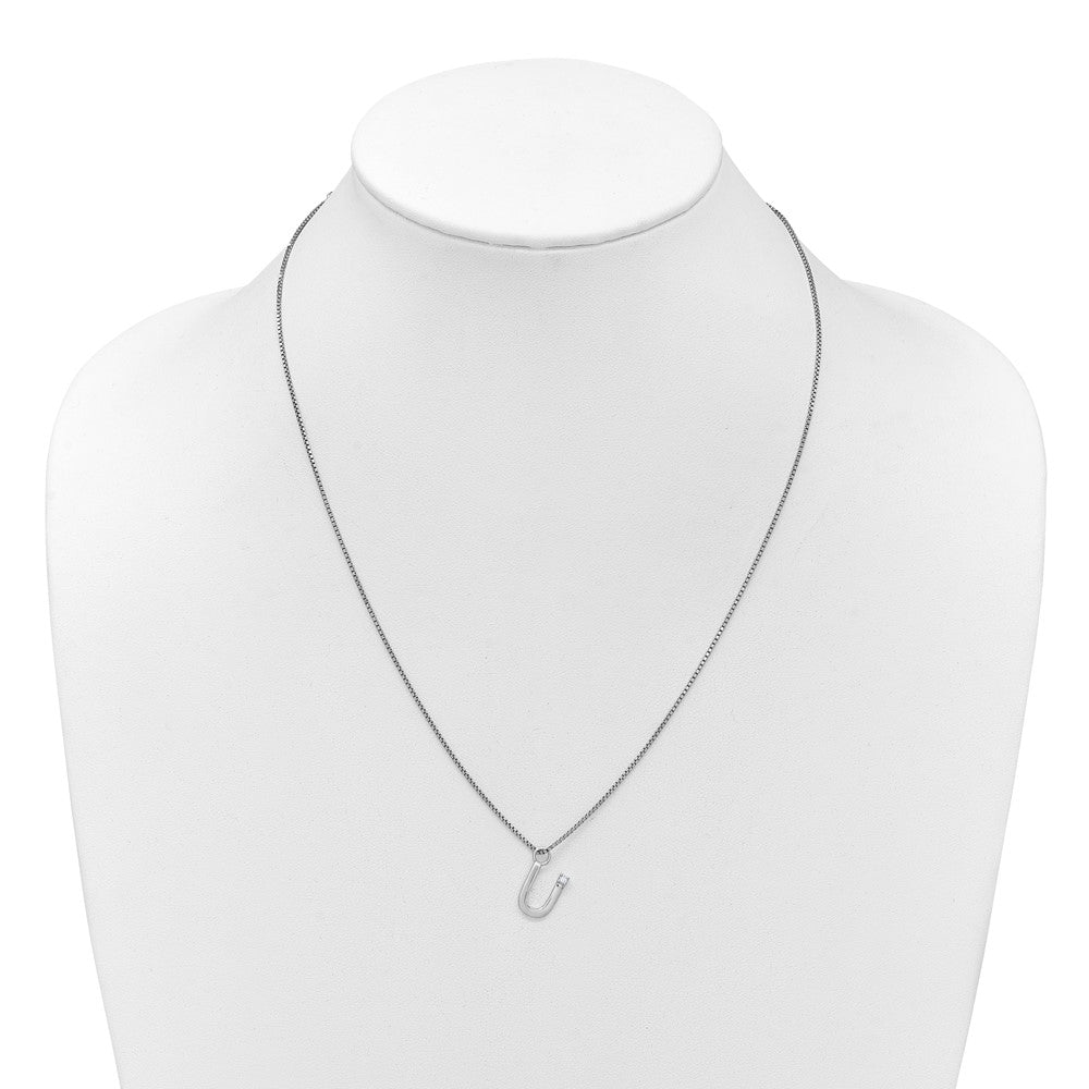 Sterling Silver Rhodium Plated White Ice .03 Diamond Initial U w/2in Ext. Necklace