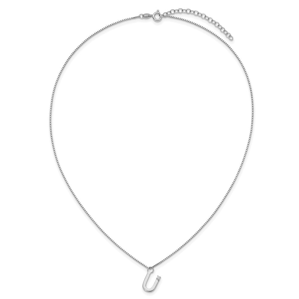 Sterling Silver Rhodium Plated White Ice .03 Diamond Initial U w/2in Ext. Necklace