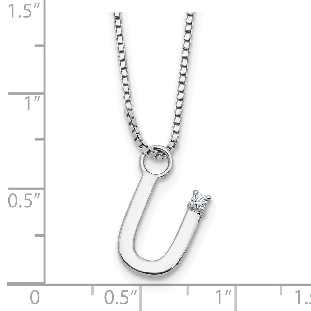 Sterling Silver Rhodium Plated White Ice .03 Diamond Initial U w/2in Ext. Necklace