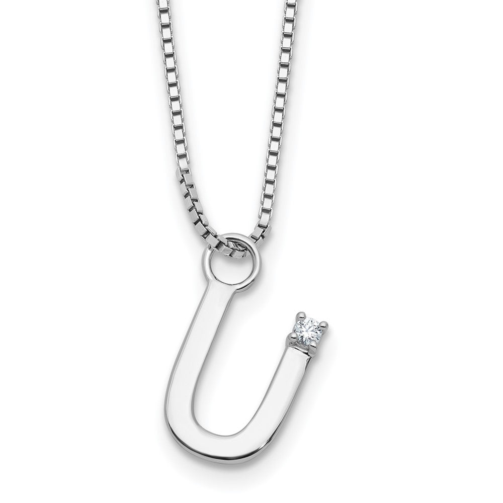 Sterling Silver Rhodium Plated White Ice .03 Diamond Initial U w/2in Ext. Necklace