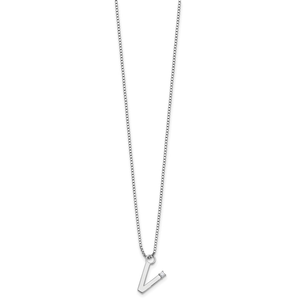 Sterling Silver Rhodium Plated White Ice .03 Diamond Initial V w/2in Ext. Necklace