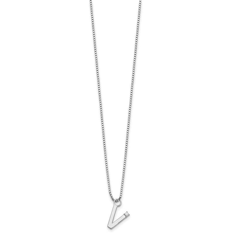 Sterling Silver Rhodium Plated White Ice .03 Diamond Initial V w/2in Ext. Necklace