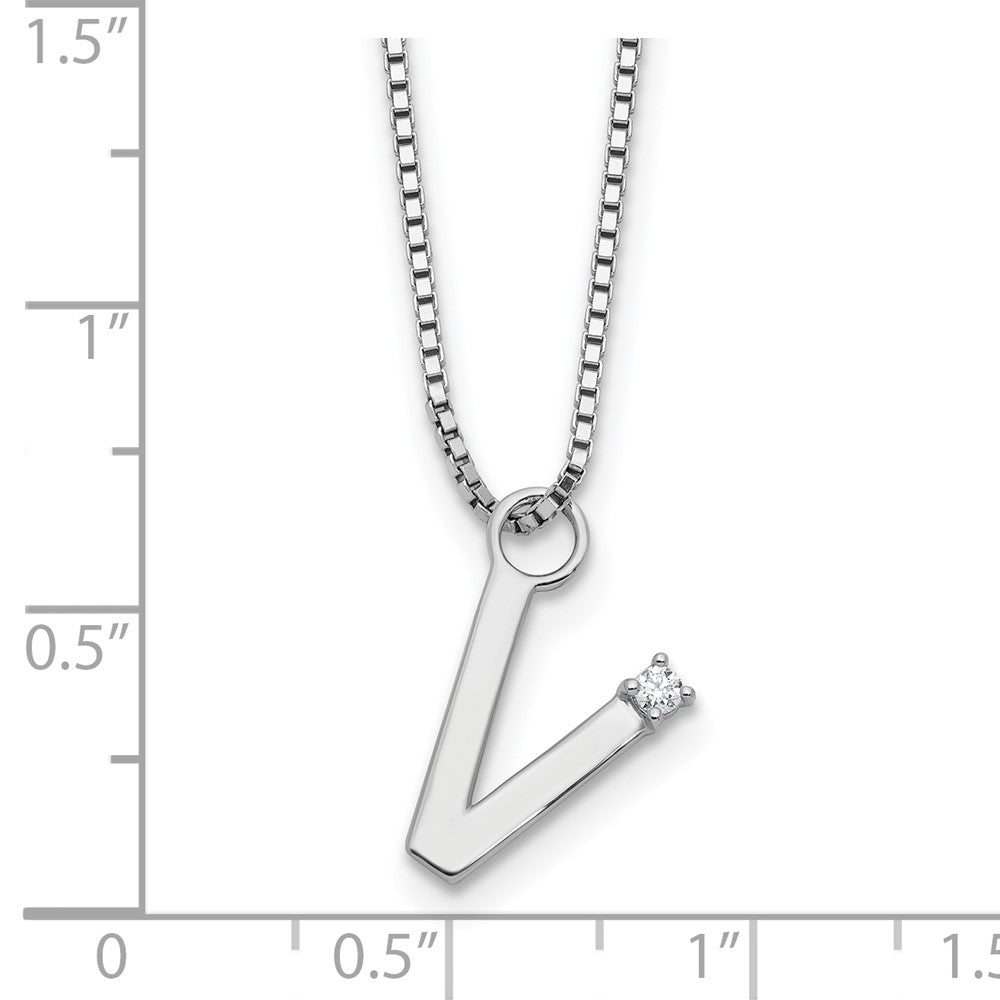 Sterling Silver Rhodium Plated White Ice .03 Diamond Initial V w/2in Ext. Necklace
