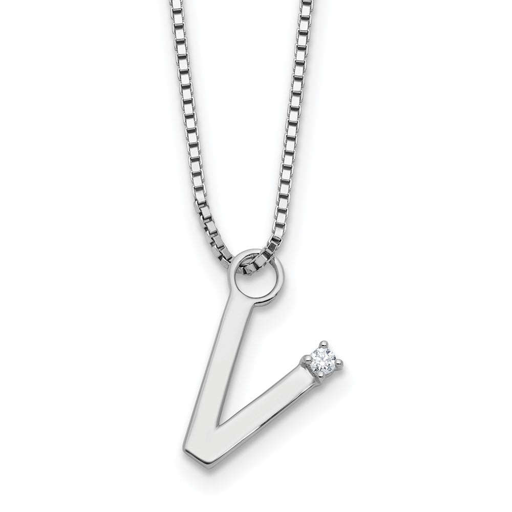 Sterling Silver Rhodium Plated White Ice .03 Diamond Initial V w/2in Ext. Necklace