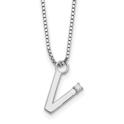 Sterling Silver Rhodium Plated White Ice .03 Diamond Initial V w/2in Ext. Necklace