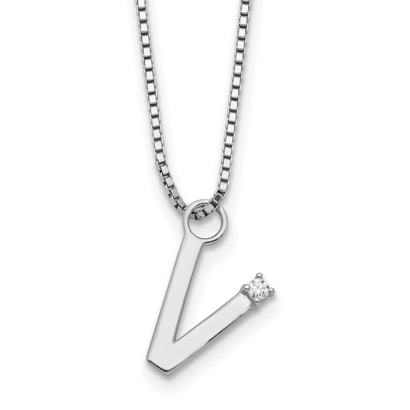 Sterling Silver Rhodium Plated White Ice .03 Diamond Initial V w/2in Ext. Necklace
