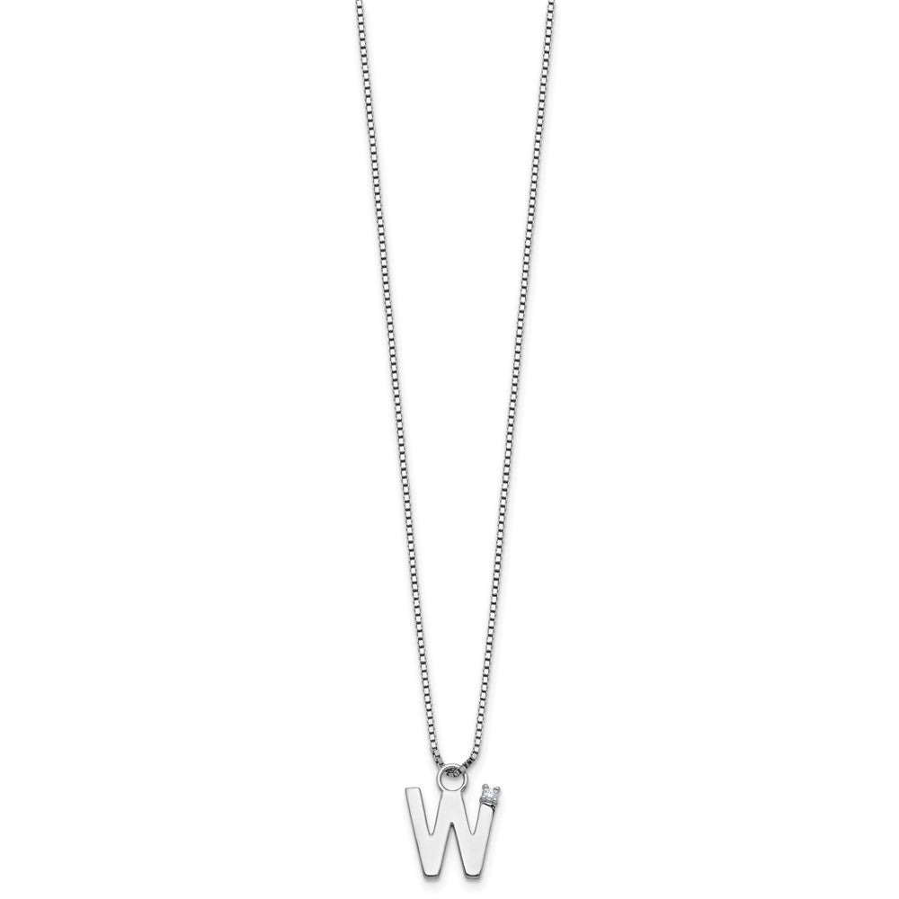 Sterling Silver Rhodium Plated White Ice .03 Diamond Initial W w/2in Ext. Necklace