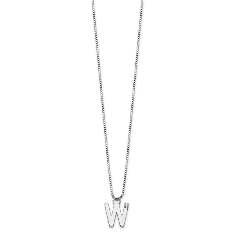 Sterling Silver Rhodium Plated White Ice .03 Diamond Initial W w/2in Ext. Necklace