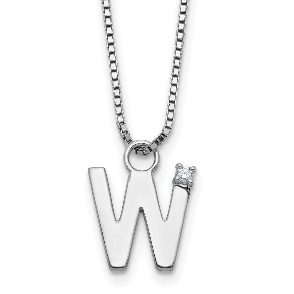 Sterling Silver Rhodium Plated White Ice .03 Diamond Initial W w/2in Ext. Necklace