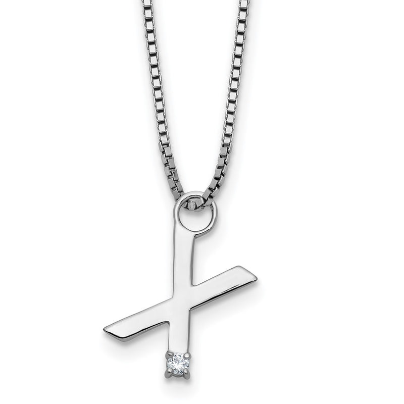 Sterling Silver Rhodium Plated White Ice .03 Diamond Initial X w/2in Ext. Necklace