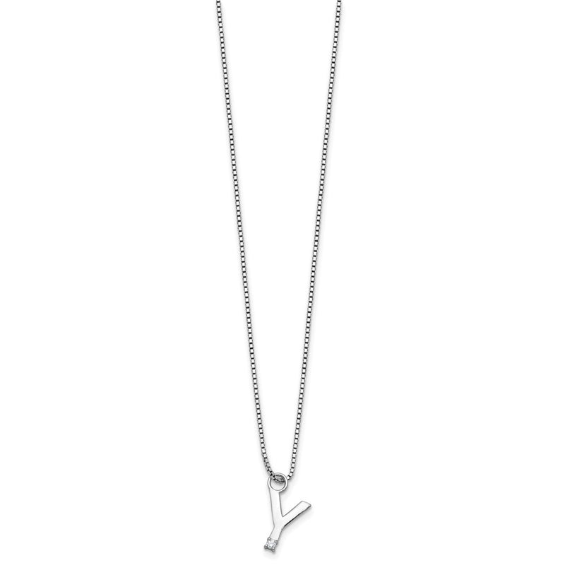 Sterling Silver Rhodium Plated White Ice .03 Diamond Initial Y w/2in Ext. Necklace