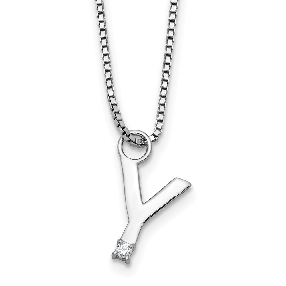 Sterling Silver Rhodium Plated White Ice .03 Diamond Initial Y w/2in Ext. Necklace