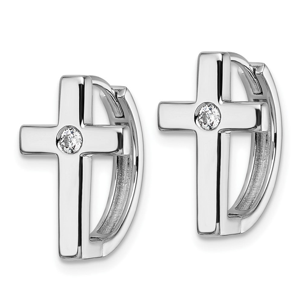 Sterling Silver Rhodium Plated White Ice .01 Diamond Cross Hoop Earrings