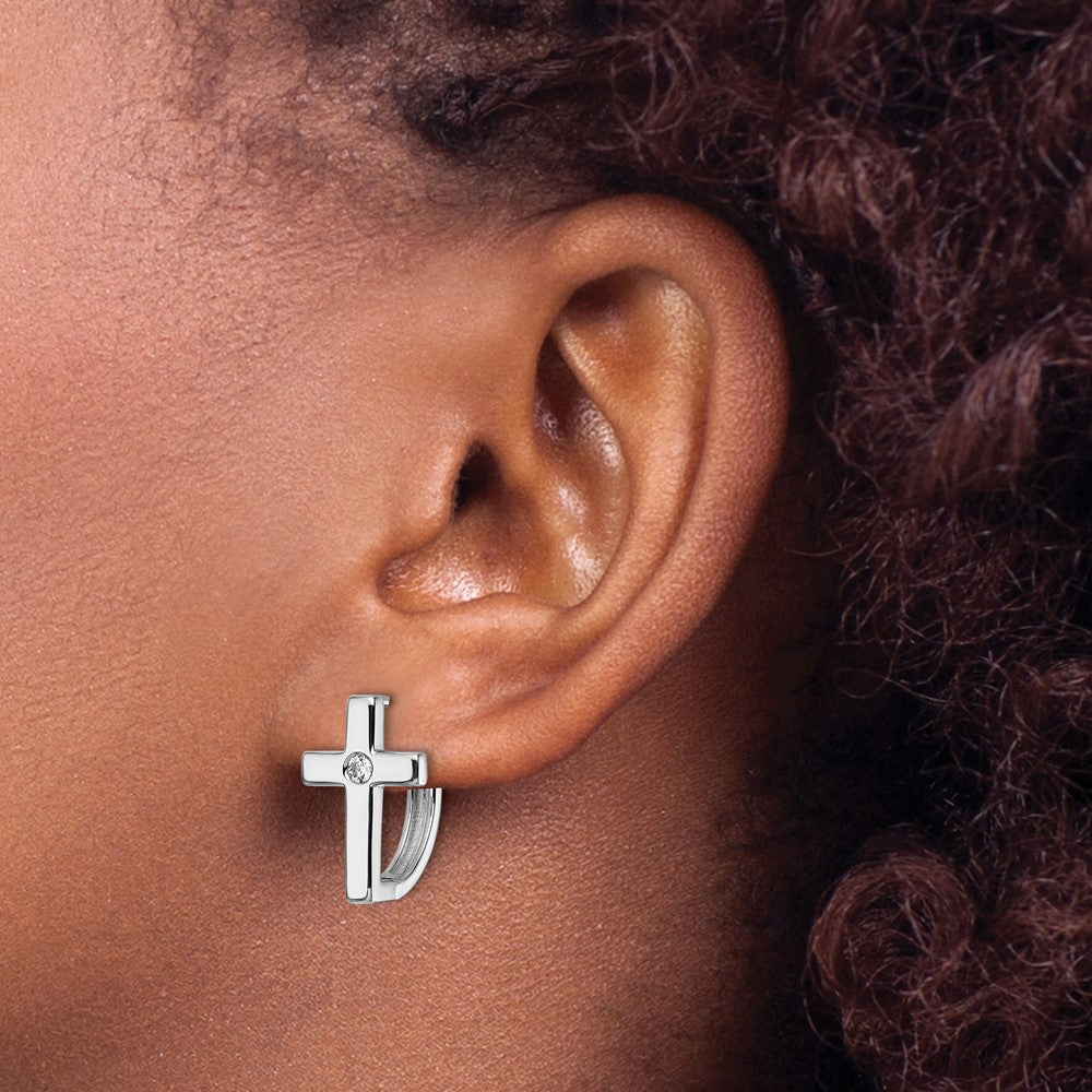 Sterling Silver Rhodium Plated White Ice .01 Diamond Cross Hoop Earrings