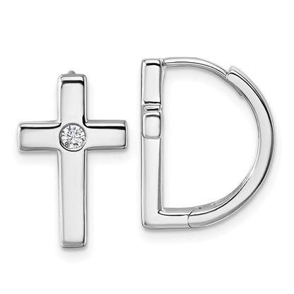 Sterling Silver Rhodium Plated White Ice .01 Diamond Cross Hoop Earrings