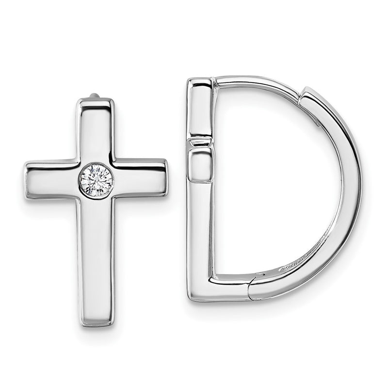 Sterling Silver Rhodium Plated White Ice .01 Diamond Cross Hoop Earrings