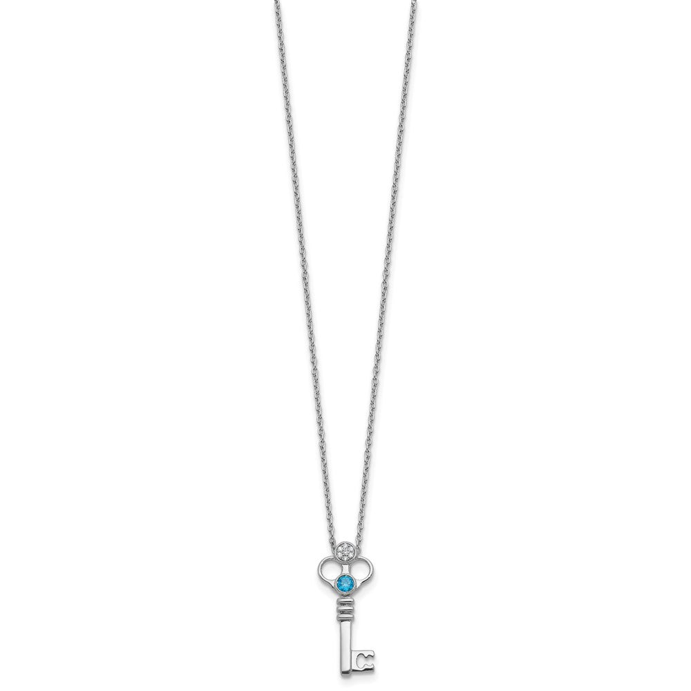 Sterling Silver Rhodium Plated White Ice .03 Dia and Blue Topaz Key w/2in Ext Necklace