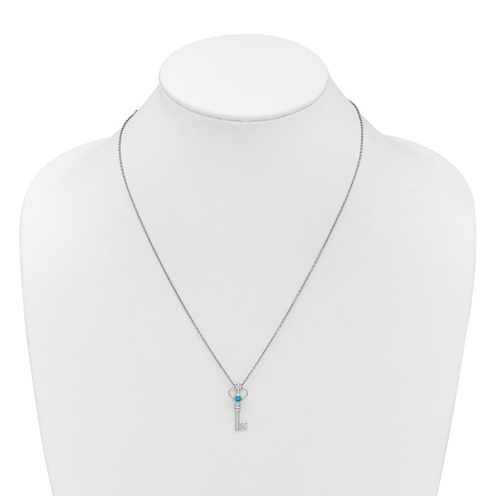 Sterling Silver Rhodium Plated White Ice .03 Dia and Blue Topaz Key w/2in Ext Necklace