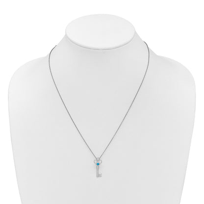 Sterling Silver Rhodium Plated White Ice .03 Dia and Blue Topaz Key w/2in Ext Necklace