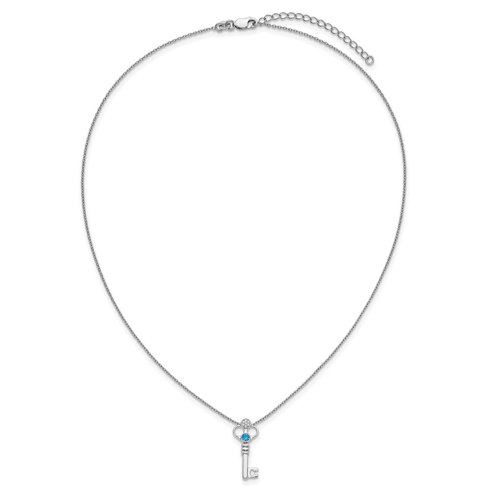 Sterling Silver Rhodium Plated White Ice .03 Dia and Blue Topaz Key w/2in Ext Necklace