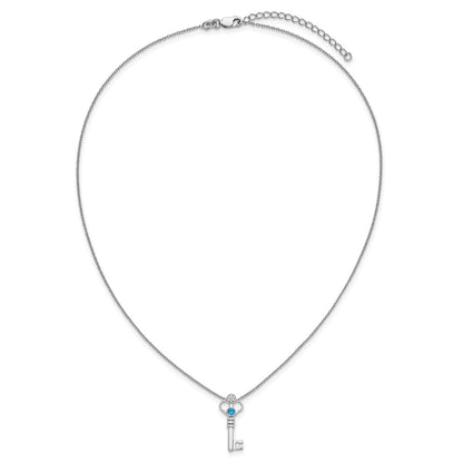 Sterling Silver Rhodium Plated White Ice .03 Dia and Blue Topaz Key w/2in Ext Necklace