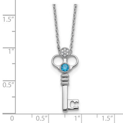 Sterling Silver Rhodium Plated White Ice .03 Dia and Blue Topaz Key w/2in Ext Necklace