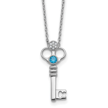 Sterling Silver Rhodium Plated White Ice .03 Dia and Blue Topaz Key w/2in Ext Necklace