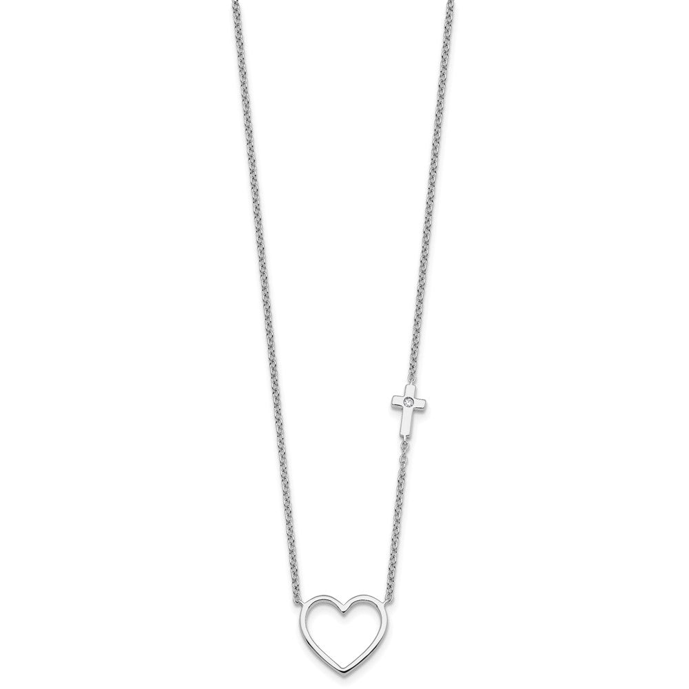 Sterling Silver Rh Pltd White Ice .03 Diamond Heart and Cross Necklace