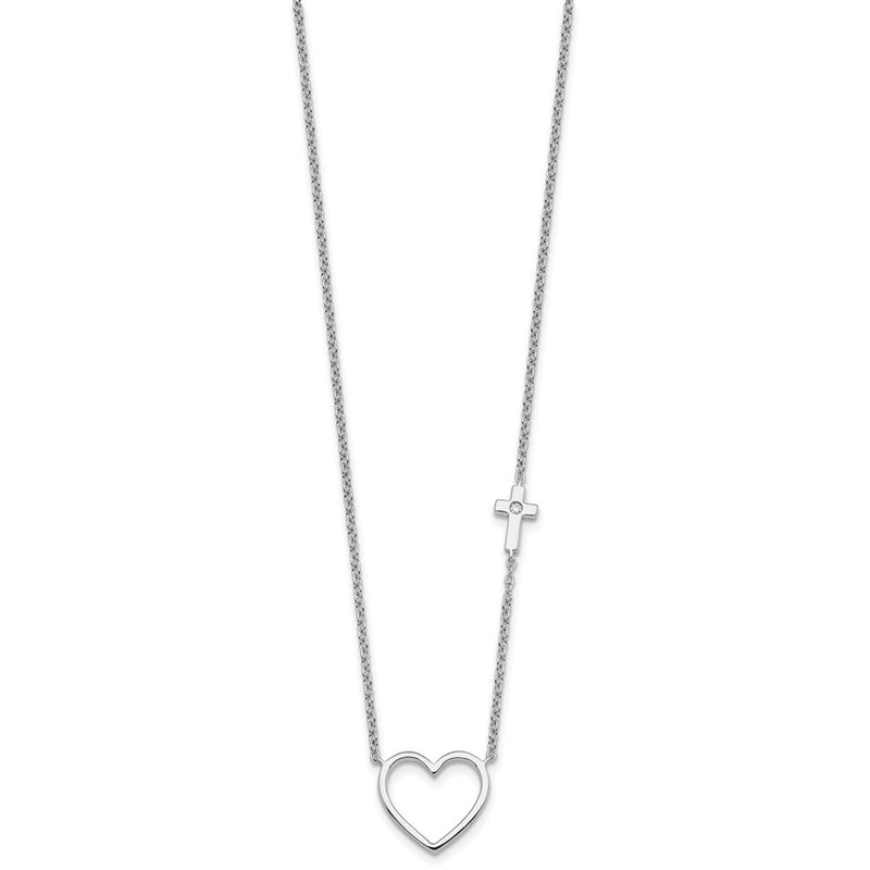 Sterling Silver Rh Pltd White Ice .03 Diamond Heart and Cross Necklace