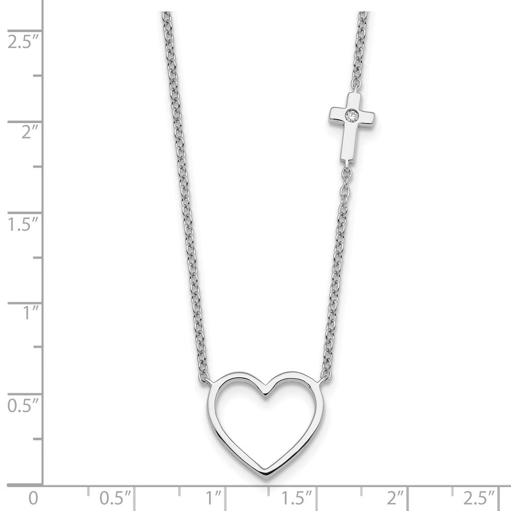 Sterling Silver Rh Pltd White Ice .03 Diamond Heart and Cross Necklace