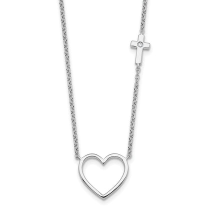 Sterling Silver Rh Pltd White Ice .03 Diamond Heart and Cross Necklace