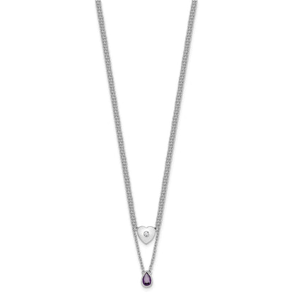 Sterling Silver Rhodium Plated White Ice .05 Dia and Amethyst 2-Strand Heart Necklace