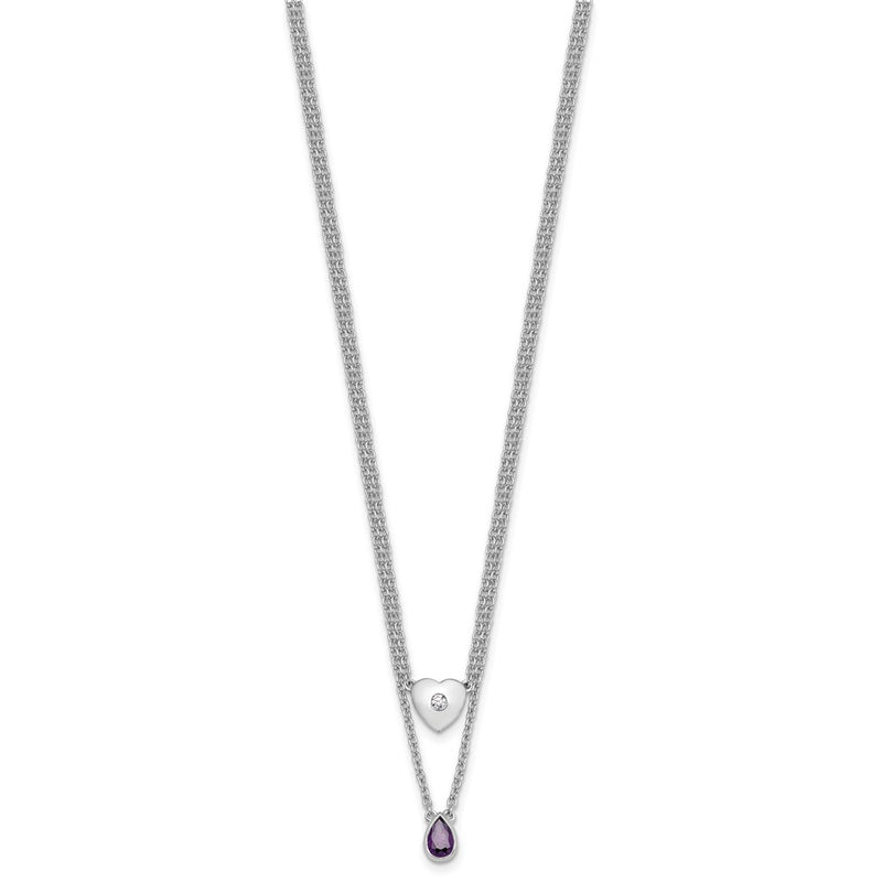 Sterling Silver Rhodium Plated White Ice .05 Dia and Amethyst 2-Strand Heart Necklace