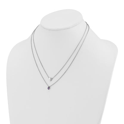 Sterling Silver Rhodium Plated White Ice .05 Dia and Amethyst 2-Strand Heart Necklace
